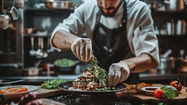 A chef carefully sprinkles microgreens on a plate of food in a commercial kitchen