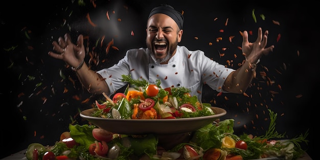 シェフが鮮やかなサラダトスで風味の爆発を祝う 空飛ぶ野菜を使ったダイナミックな料理シーン 広告編集用途に最適 AI