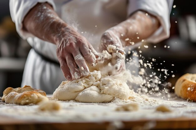 Photo chef checking the mixed dough close up side view photo