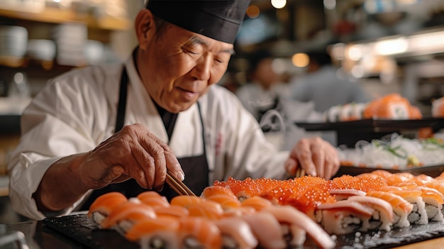 Photo chef in chefs hat preparing sushi