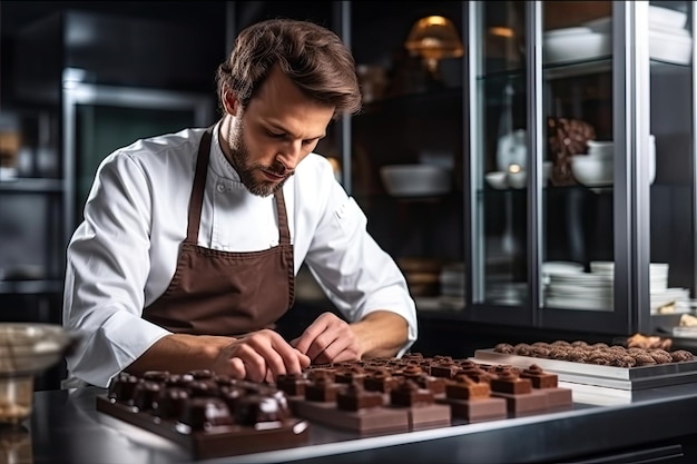 Chef Chocolatier Werkende man maakt handgemaakte chocolade Professionele chocolatier Generatieve AI illustratie