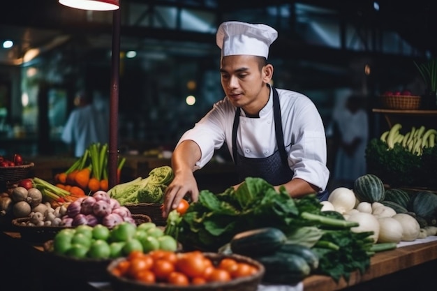 Chef choosing fresh vegetables at food market Generative AI