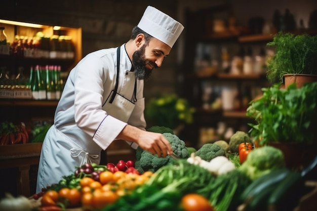 Шеф-повар выбирает свежие овощи на рынке Органические продукты для приготовления пищи в ресторане Генеративный ай