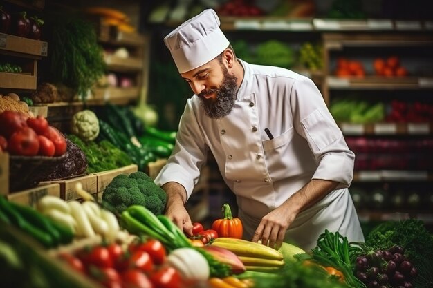 Chef choosing fresh vegetables at market Organic products for cooking in restaurant Generative ai