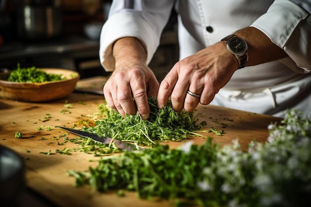 a chef chopping parsley on a cutting board.