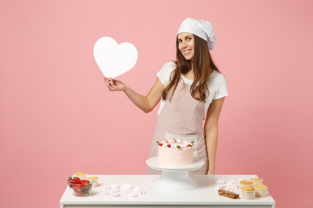 요리사는 앞치마 흰색 티셔츠를 입은 제과점이나 제빵사를 요리하고, 테이블에서 케이크나 컵케이크를 요리하는 토크 요리사 모자는 스튜디오의 분홍색 파스텔 배경에 고립된 마음처럼 들고 있습니다. 복사 공간 음식 개념을 비웃습니다.