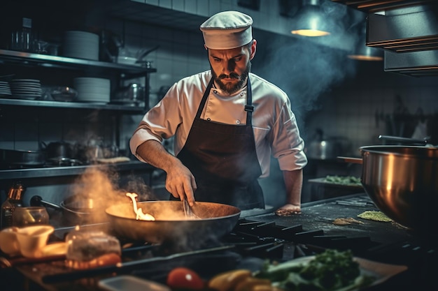 Шеф-повар готовит еду с огнем в ресторане на кухне Повар с воком на кухне Шеф-повар мужчина в униформе держит вок с огнем