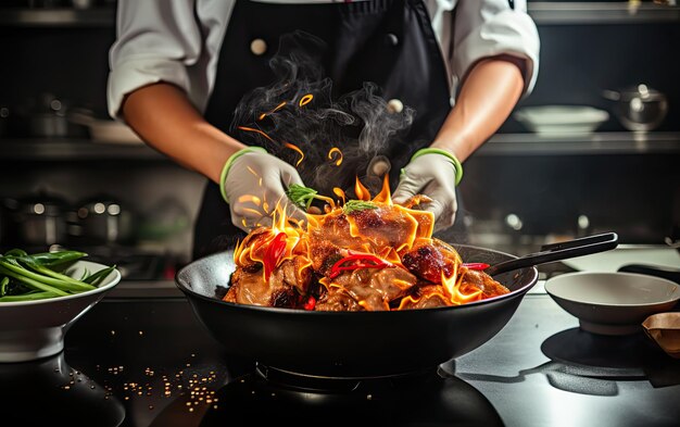 Foto lo chef prepara il cibo sul wok da vicino vista frontale