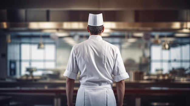Chef cook in white uniform standing back view
