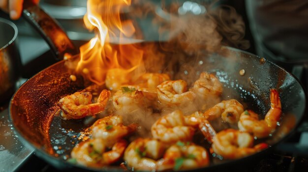 写真 この人気のある海鮮食材の多様性と料理の魅力を示す,沸騰する鍋で美味しいエビの料理を調理するシェフ