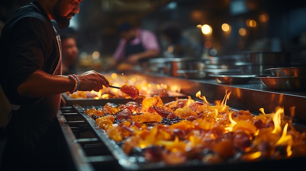 Chef cooking chicken on the grill in the kitchen of a restaurantgenerative ai