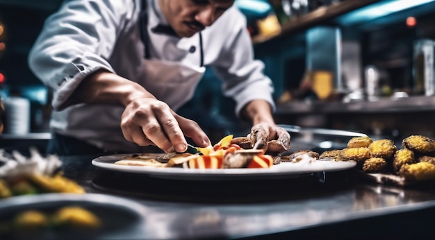 Foto cuoco che cucina il cibo nel ristorante cuoco che prepara il cibo primo piano del cuoco in cucina