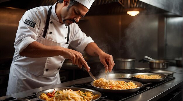 chef cooking food in the restaurant chef preparing food closeup of chef in the kitchen