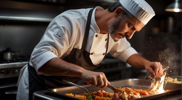 chef cooking food in the restaurant chef preparing food closeup of chef in the kitchen