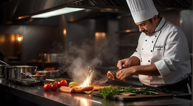 chef cooking food in the restaurant chef preparing food closeup of chef in the kitchen