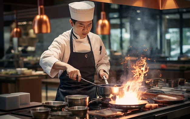 写真 レストランで和食を作るシェフ