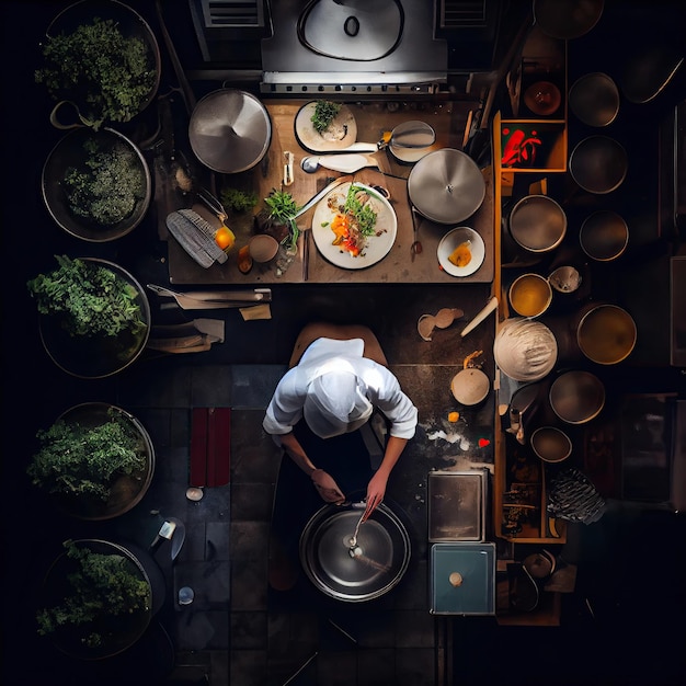 Foto uno chef che cucina in una cucina con pentole e padelle