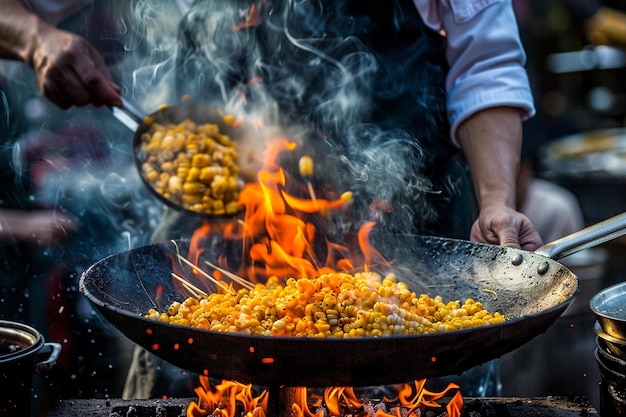 A chef cooking Mexican street corn on a grill