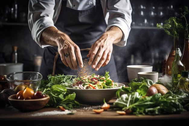 Chef cooking a salad with a glass of water