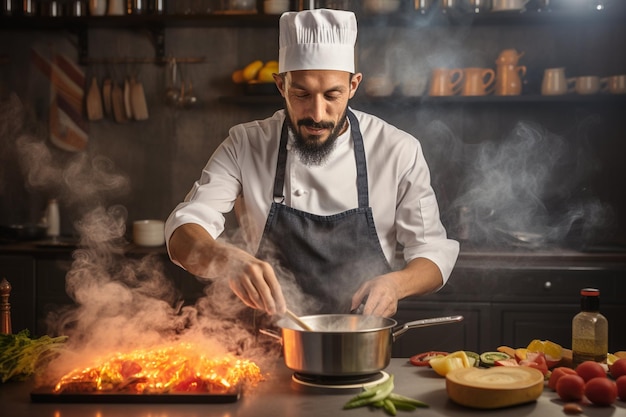 Chef cooking spaghetti in the kitchen