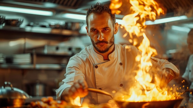 Foto chef che cucina sulla stufa