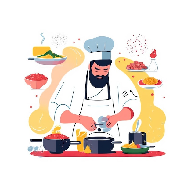 A chef cooking various dishesFlat illustration styleWhite b white background White background HD Pho