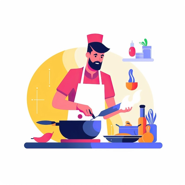 A chef cooking various dishesFlat illustration styleWhite b white background White background HD Pho