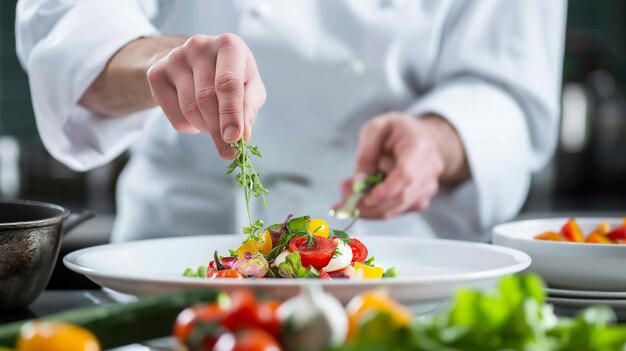 Chef cooking vegetable salad before serving in a restaurant closeup