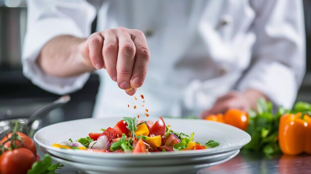 Chef cooking vegetable salad before serving in a restaurant closeup