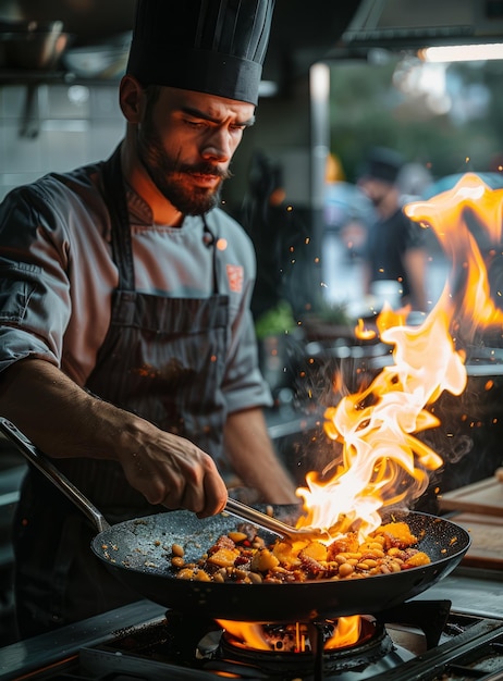 Chef cooking with fire in a pan