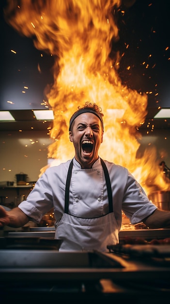 Foto chef che cucina con il fuoco in una cucina di un ristorante