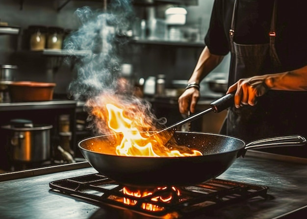 Chef cooking with flame in a frying pan on a kitchen stove Chef in restaurant kitchen at stove with pan