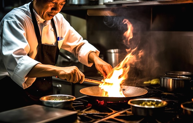 Chef cooking with flame in a frying pan on a kitchen stove Chef in restaurant kitchen at stove with pan
