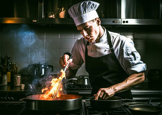 写真 キッチンストーブのフライパンで火で調理するシェフ レストランのキッチンのシェフがパンのストーブで調理しています
