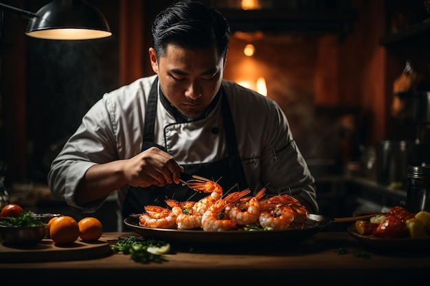 Chef cooking with tiger prawn on dark background