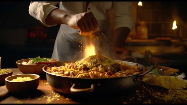 A chef cooks a dish of food in a kitchen.