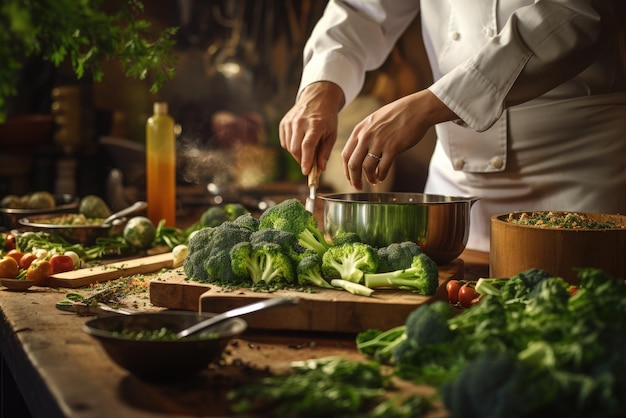 A chef cooks food from broccoli