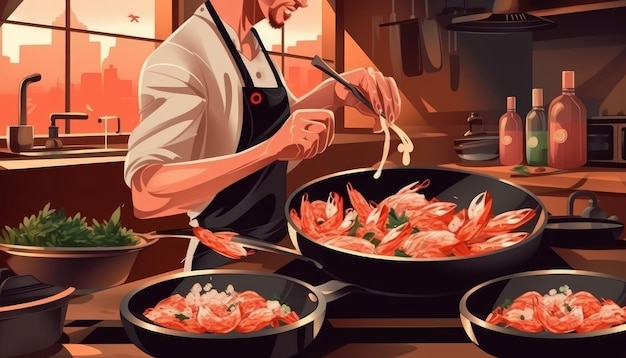 요리사는 프라이팬에 건강한 새우를 요리합니다 Illustration Generative AI