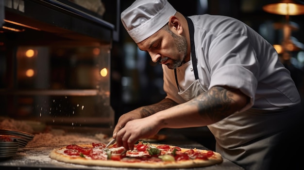 Chef cooks italian pizza in the kitchen