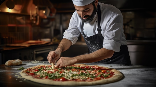 Chef cooks pizza in the oven