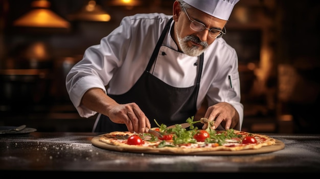 Chef cooks pizza in the oven