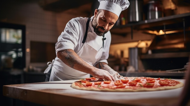 Chef cooks pizza in the oven