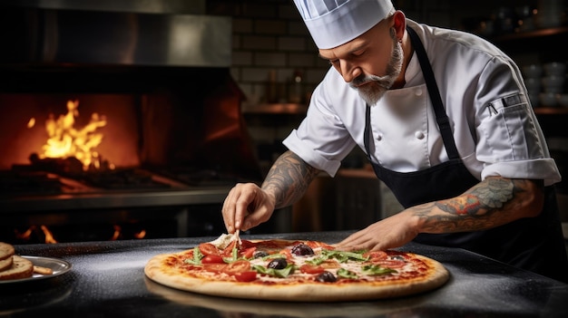 Chef cooks pizza in the oven