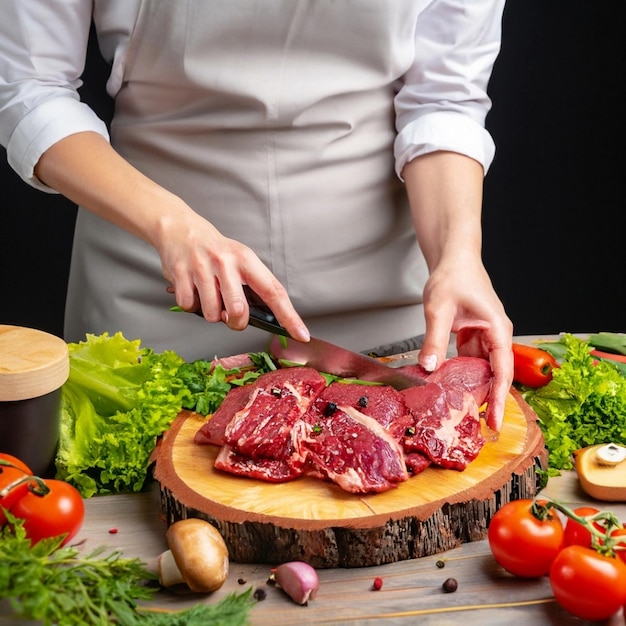 シェフは木の板の上で牛肉をステーキに切ります。さまざまな種類の肉が木の板の上にあります