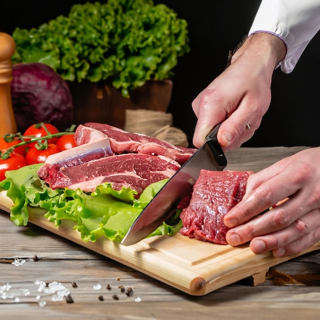 シェフは木の板の上で牛肉をステーキに切ります。さまざまな種類の肉が木の板の上にあります