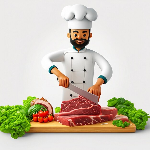 Chef cuts beef into steaks on a wooden plank different types of meat lie on wooden boards