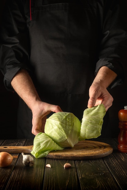 Chef cuts fresh cabbage with knife for salad on a kitchen table