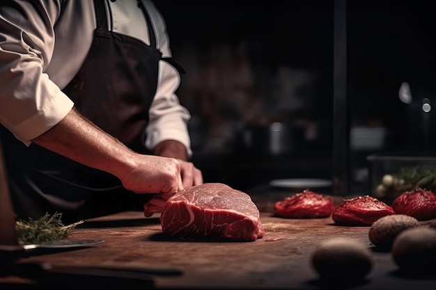 A chef cuts meat on a cutting board