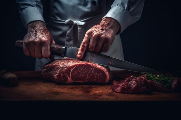 A chef cuts a piece of meat with a knife.