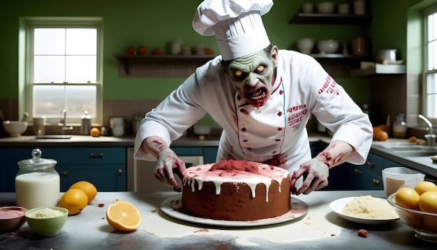 a chef cutting a chocolate cake with a chef hat on